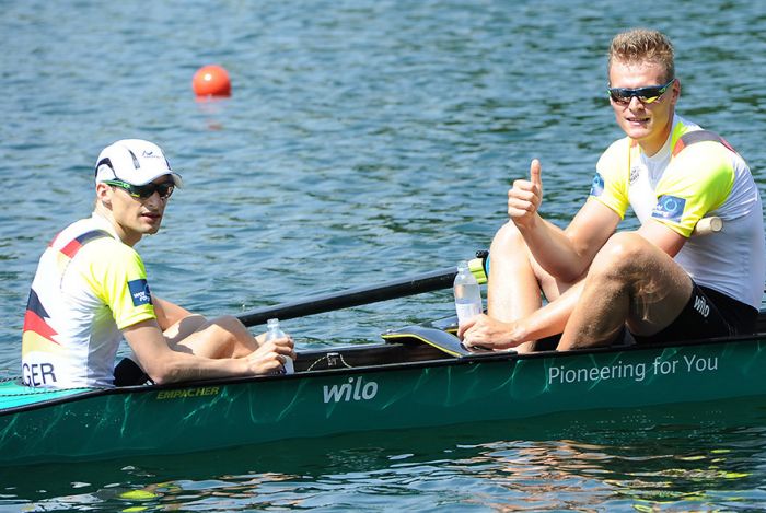 Deutschlandachter, Steuermann Martin Sauer und Schlagmann Hannes Ocik im Boot.